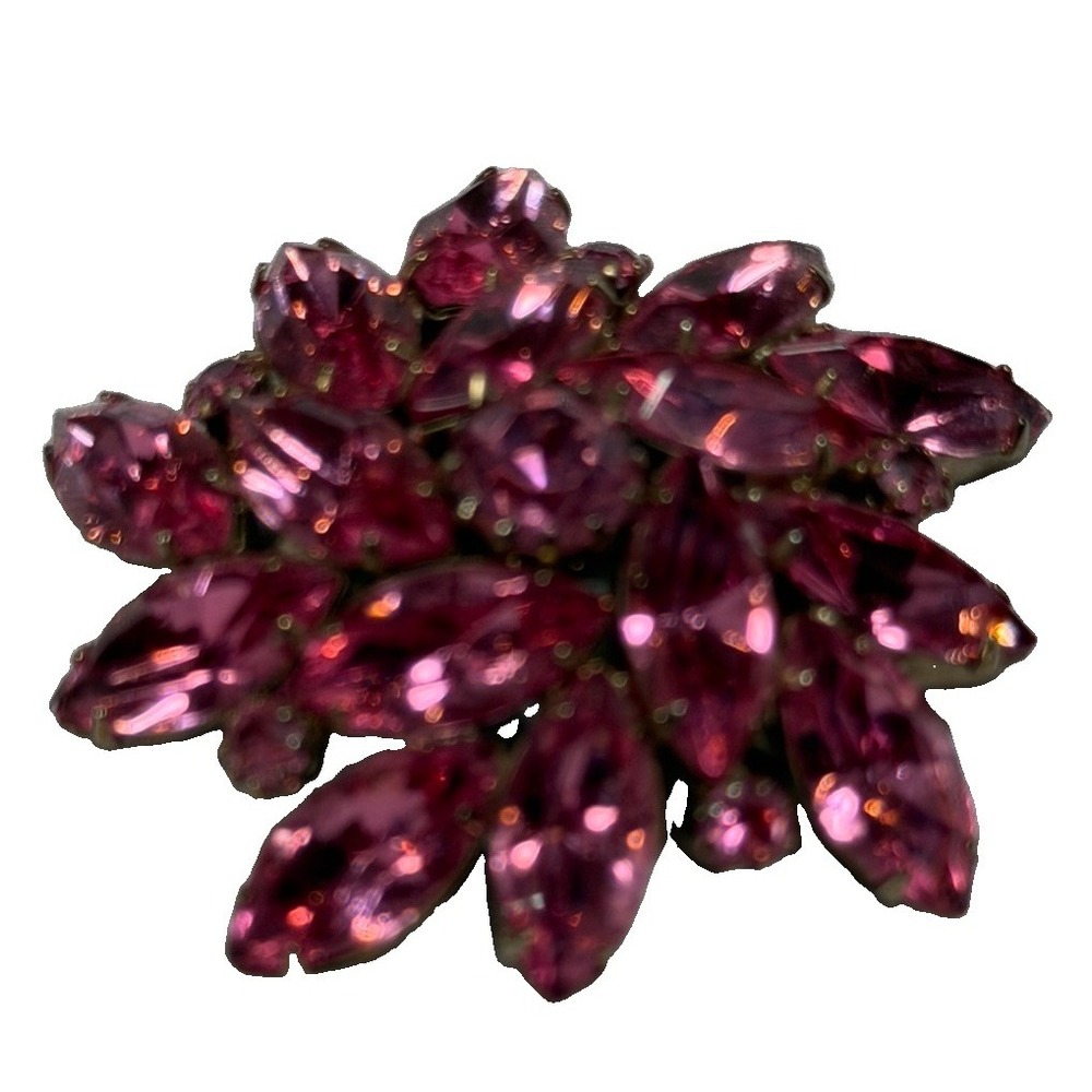 Vintage Pink Rhinestone Brooch Fuchsia Navette Marquise Cluster Flower Pin